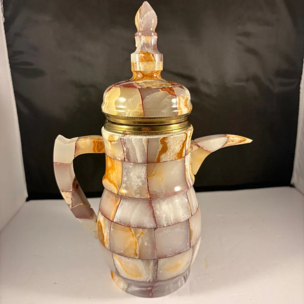 Vintage Onyx Stone Tea Set Coffee Pot & 12 Cups Mid‎ Century Marble Mosaic